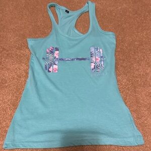 ALOHAS Blue Tank Top with Floral Barbell Design